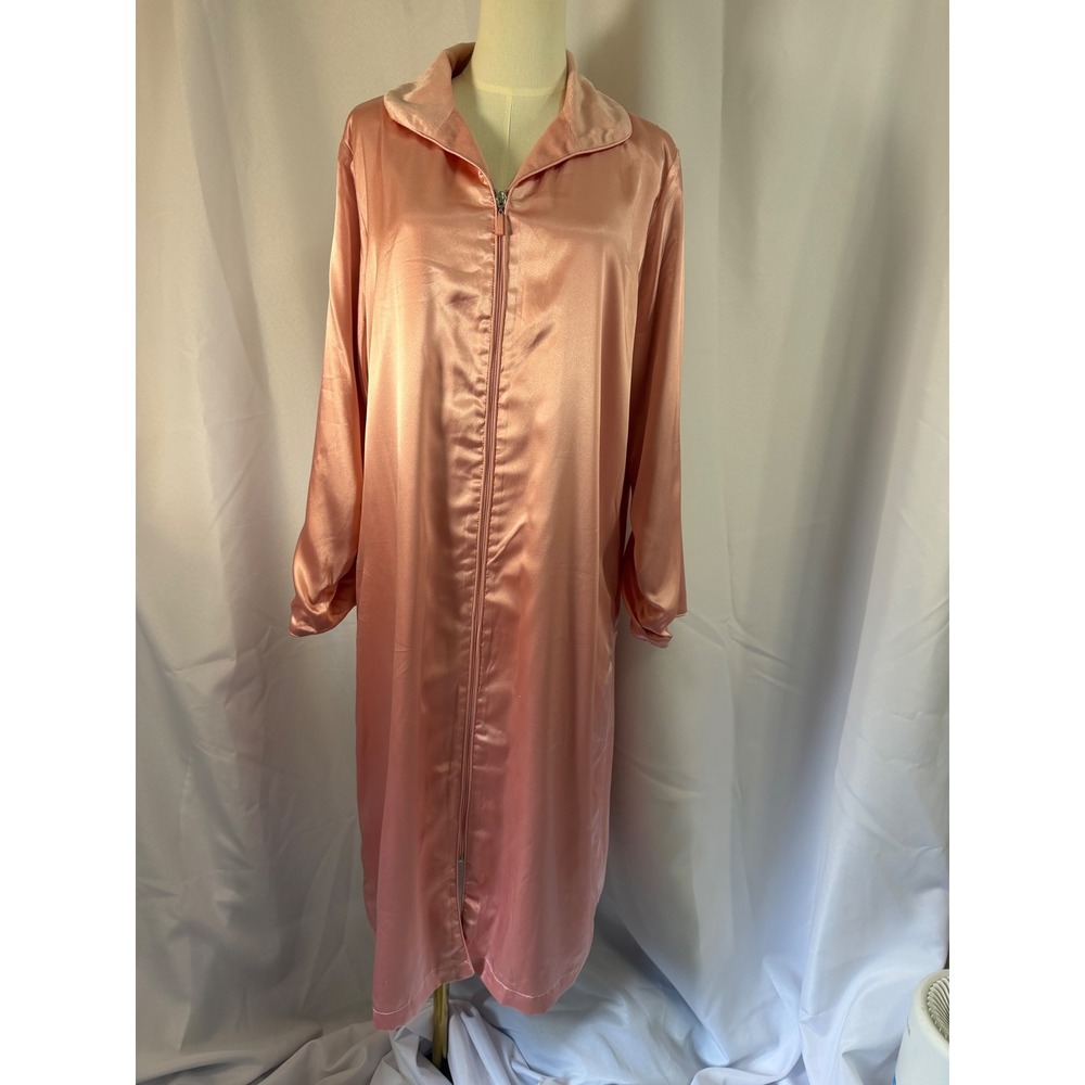 Oscar de‎ la Renta Pink Satin Zip Front Robe Fleece Lined Long Sleepwear XL Glam